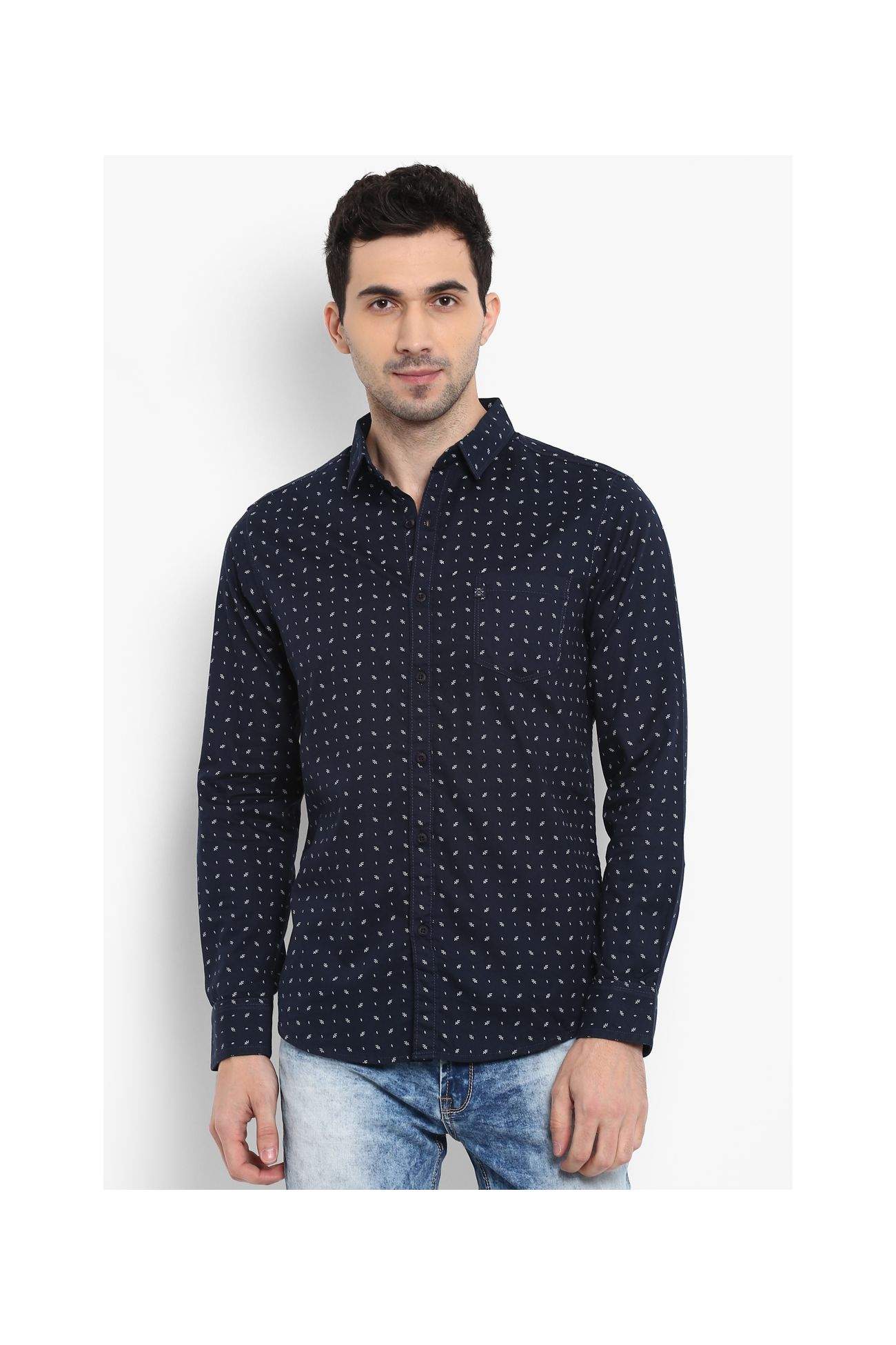 MUFTI Leafy Print Built-Up Collar Navy Cotton Full Sleeves Men's