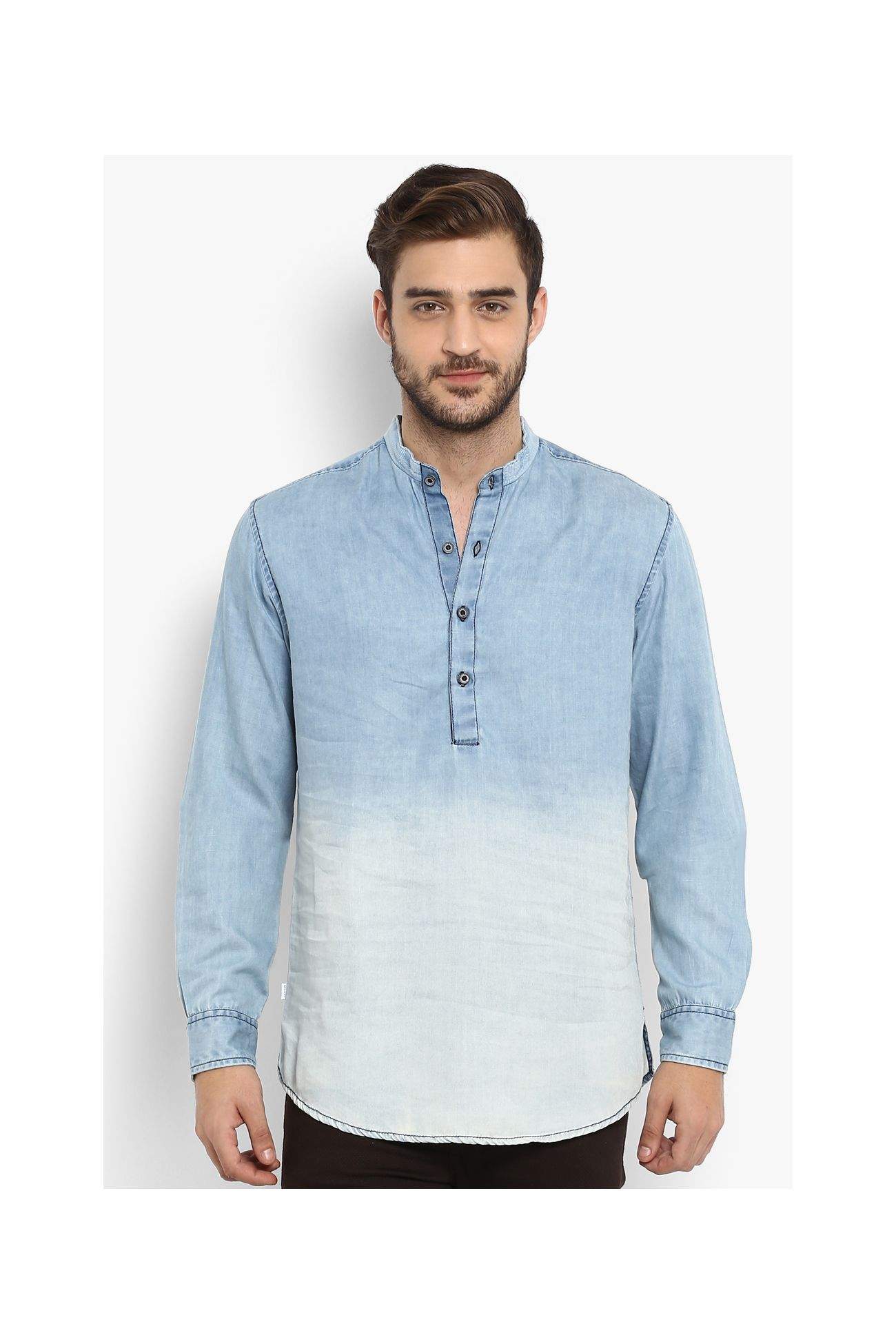 MUFTI Linen Blend Blue Mandarian Kurta Style Full Sleeves Men's