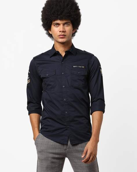 MUFTI Mens Slim Fit Cotton Shirt with Button Flap Pockets (Navy