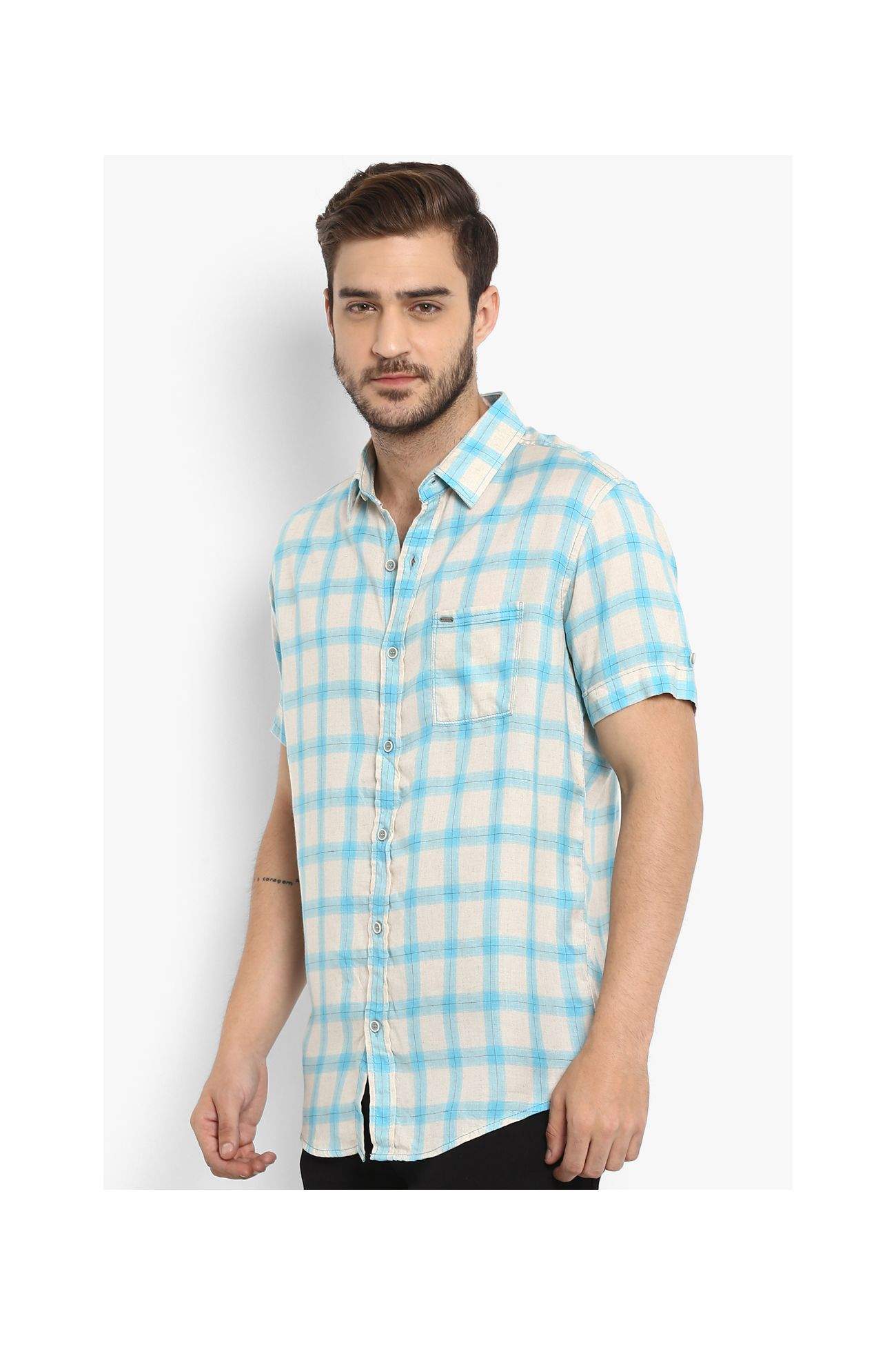 MUFTI Off White Turquoise Tatterstall Checks Spread Collar Half