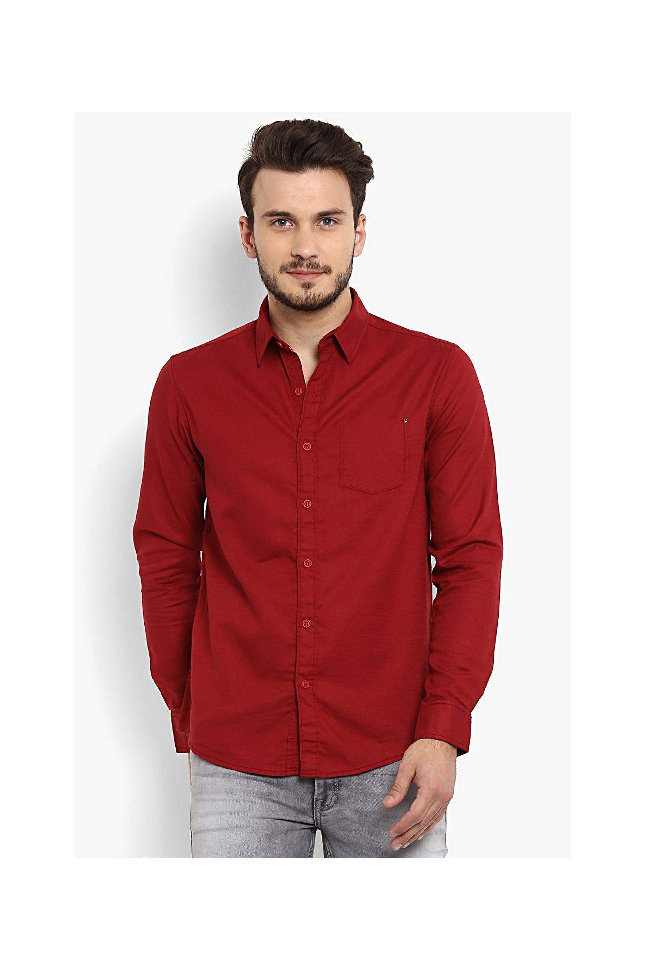 MUFTI Red Solid Spread Collar Full Sleeves Cotton Men's Shirts