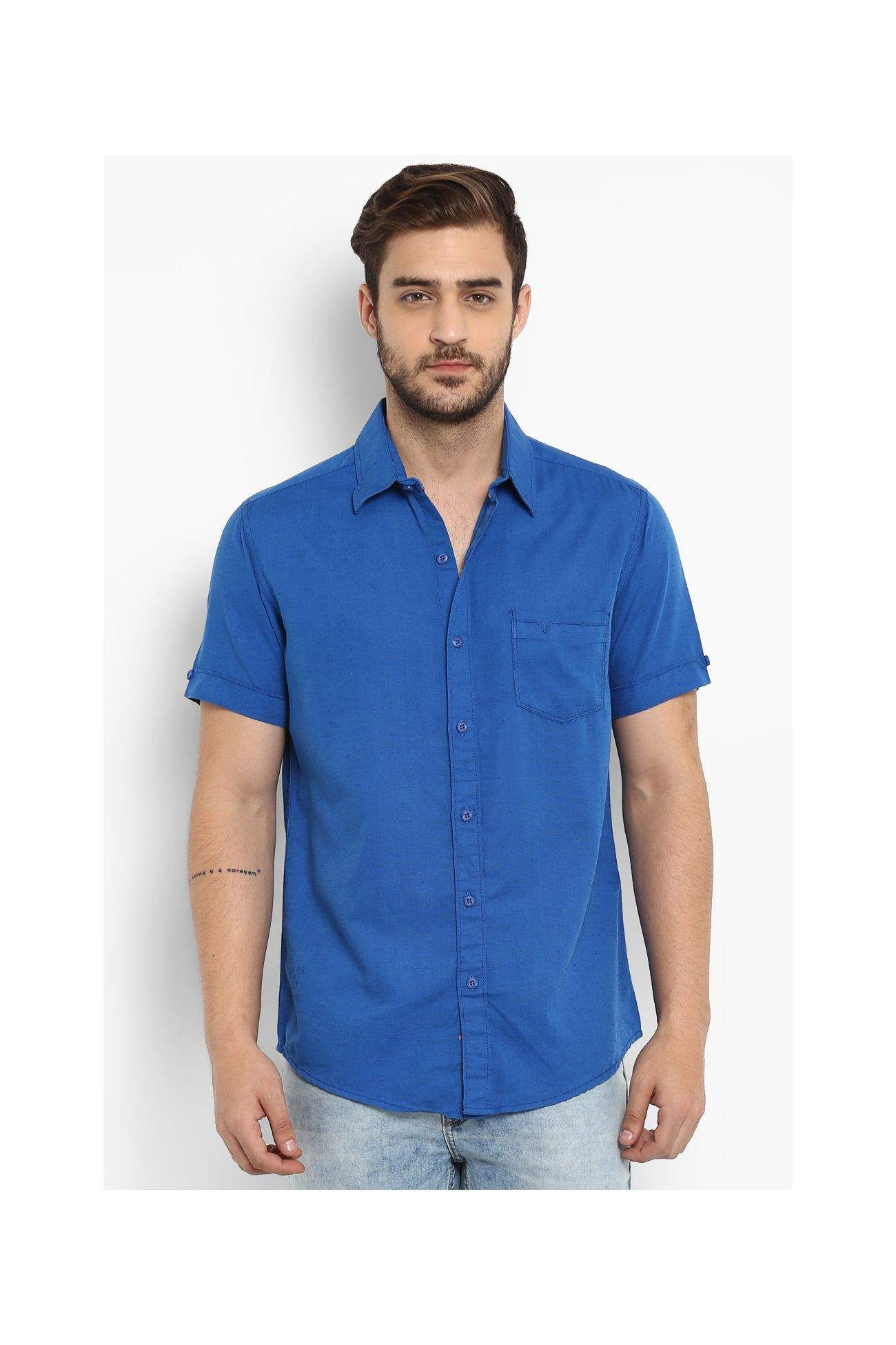 MUFTI Royal Solid Half Sleeves Spread Collar Linen Blend Men's