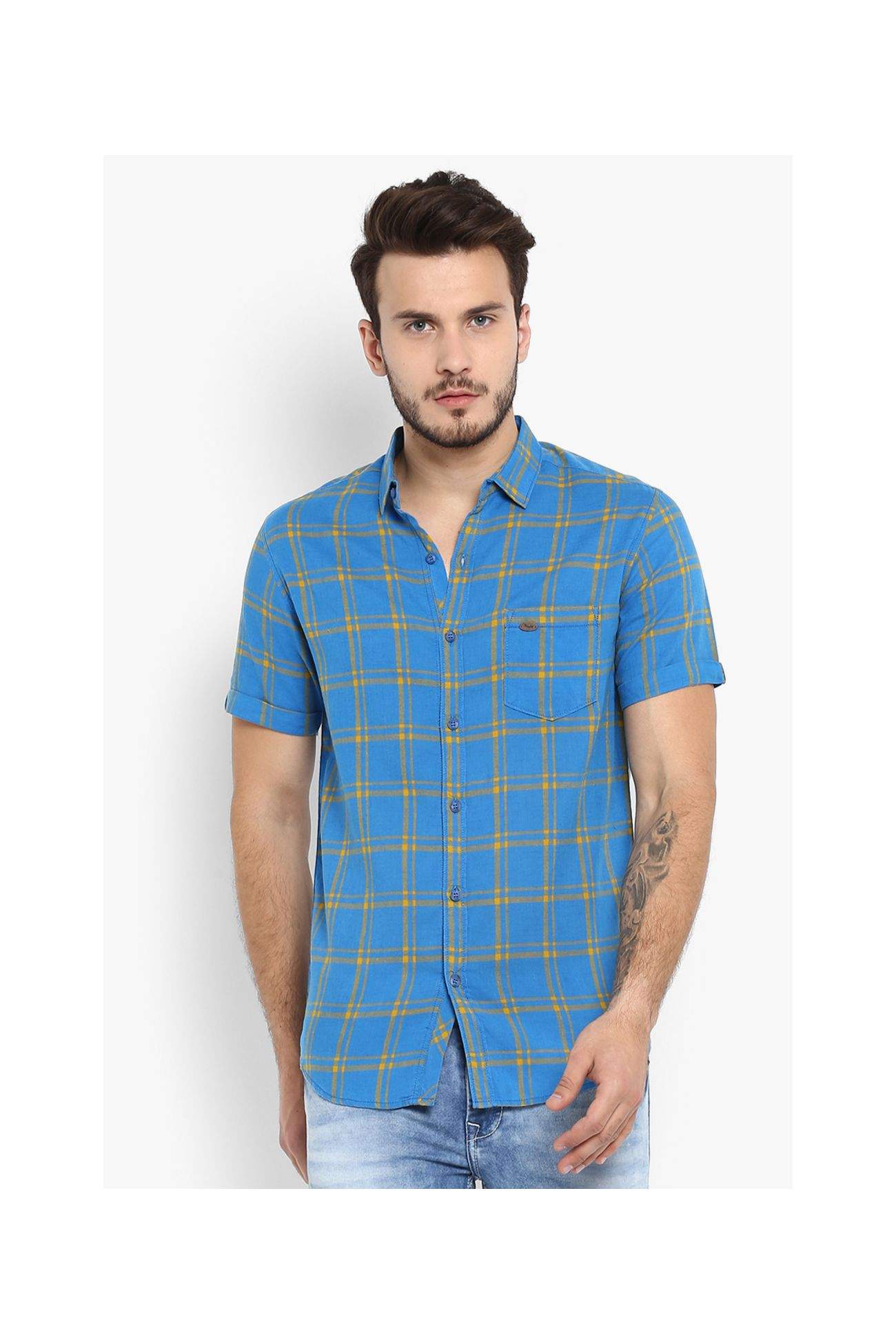 MUFTI Royal Tartan Checks Spread Collar Half Sleeves Linen Blend