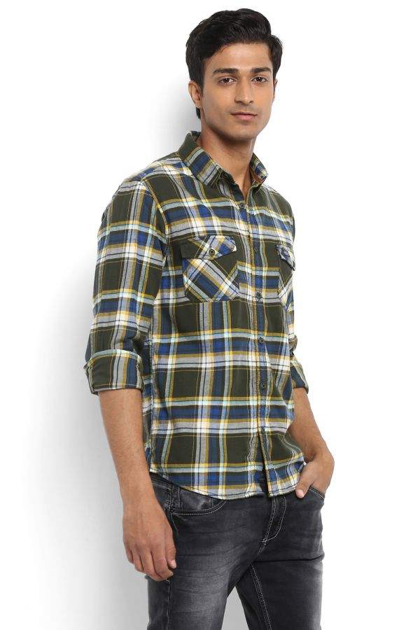 Mufti Olive Tartan Checks Slim Fit 