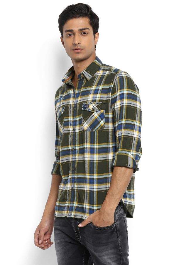 Mufti Olive Tartan Checks Slim Fit 