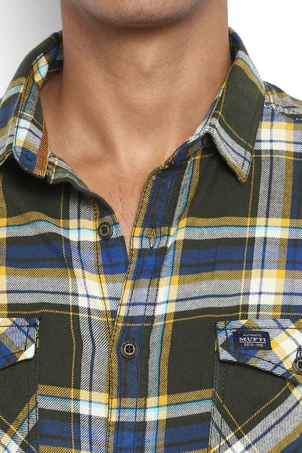 Mufti Olive Tartan Checks Slim Fit 