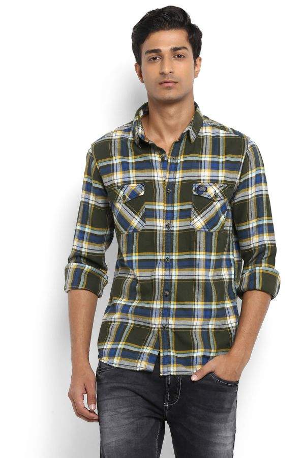 Mufti Olive Tartan Checks Slim Fit 
