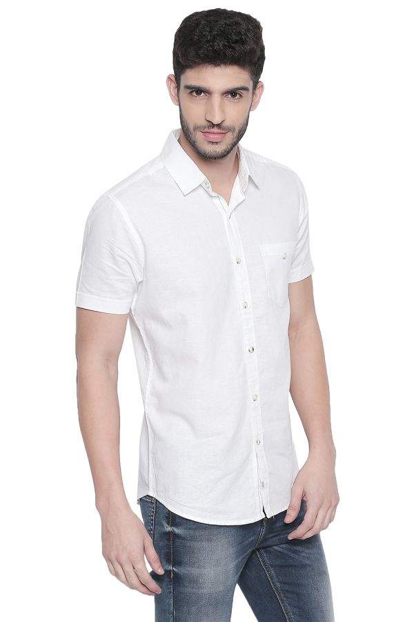 MUFTI White-Khaki Solid Half Sleeves Cotton Linen Shirt (4XL) in