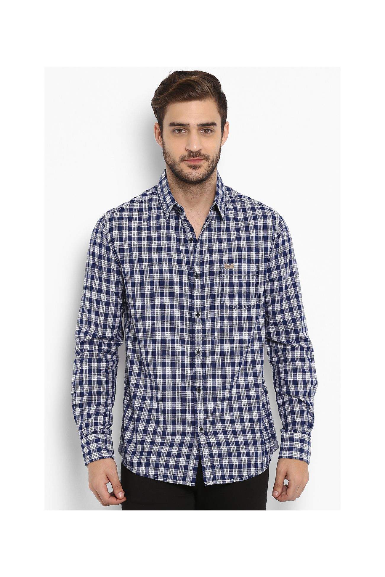 MUFTI Spread Collar Navy Tartan Checks Full Sleeves Men's Shirts