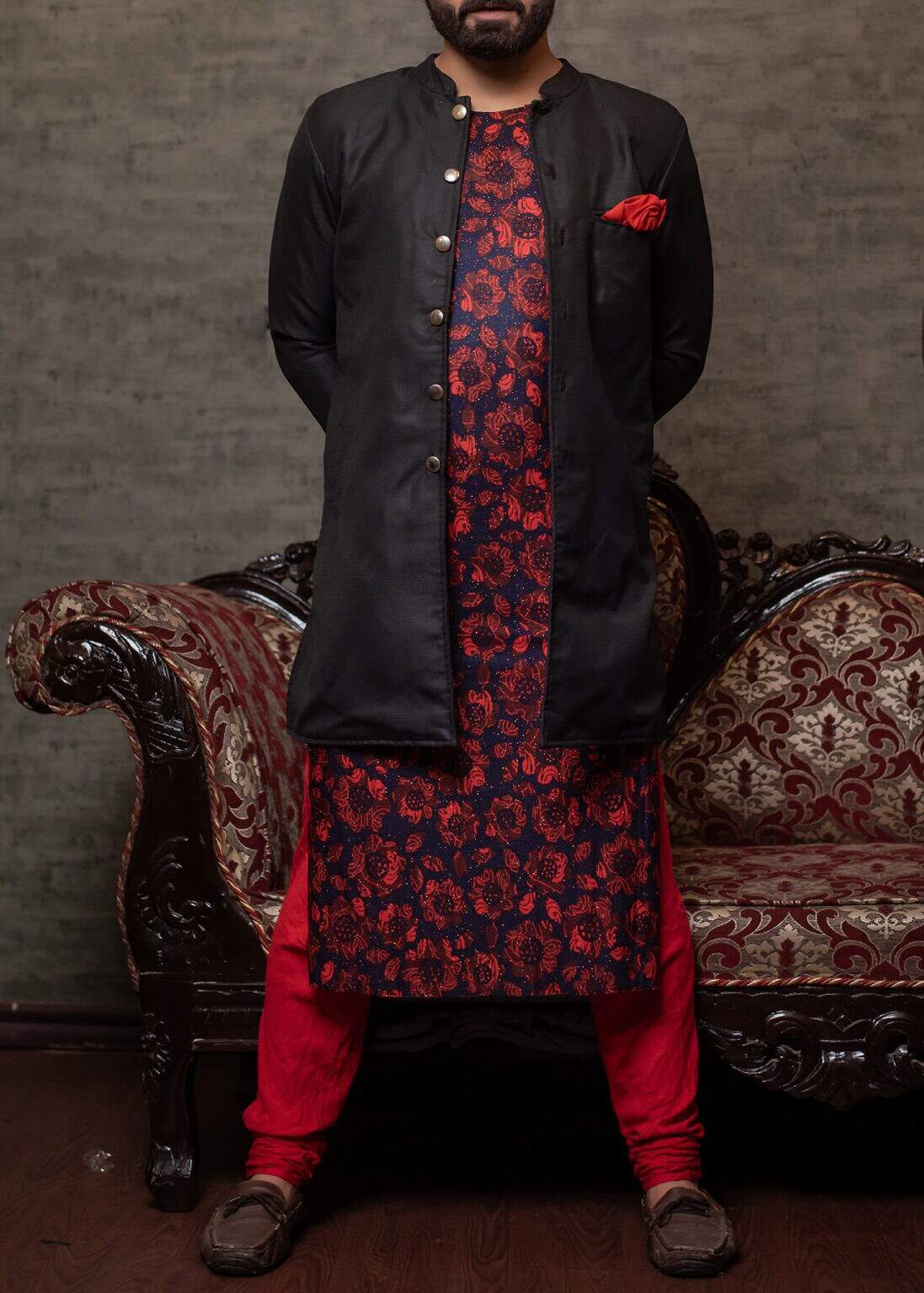 Navy Blue Printed Cotton Kurta With Red Pant and Black Coat (Set
