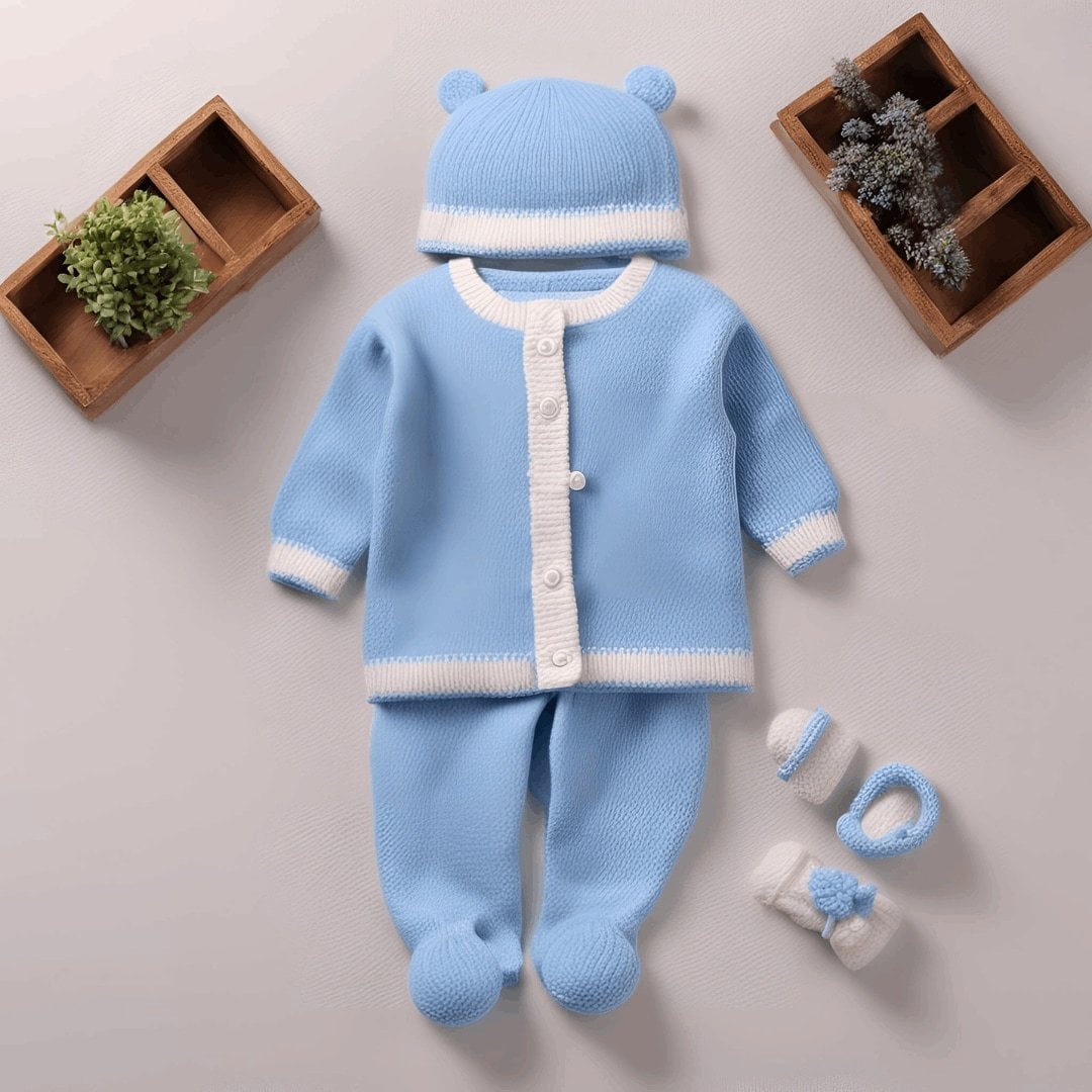 New Born Baby Woolen Clothes Set Blue and White 6 12 Month