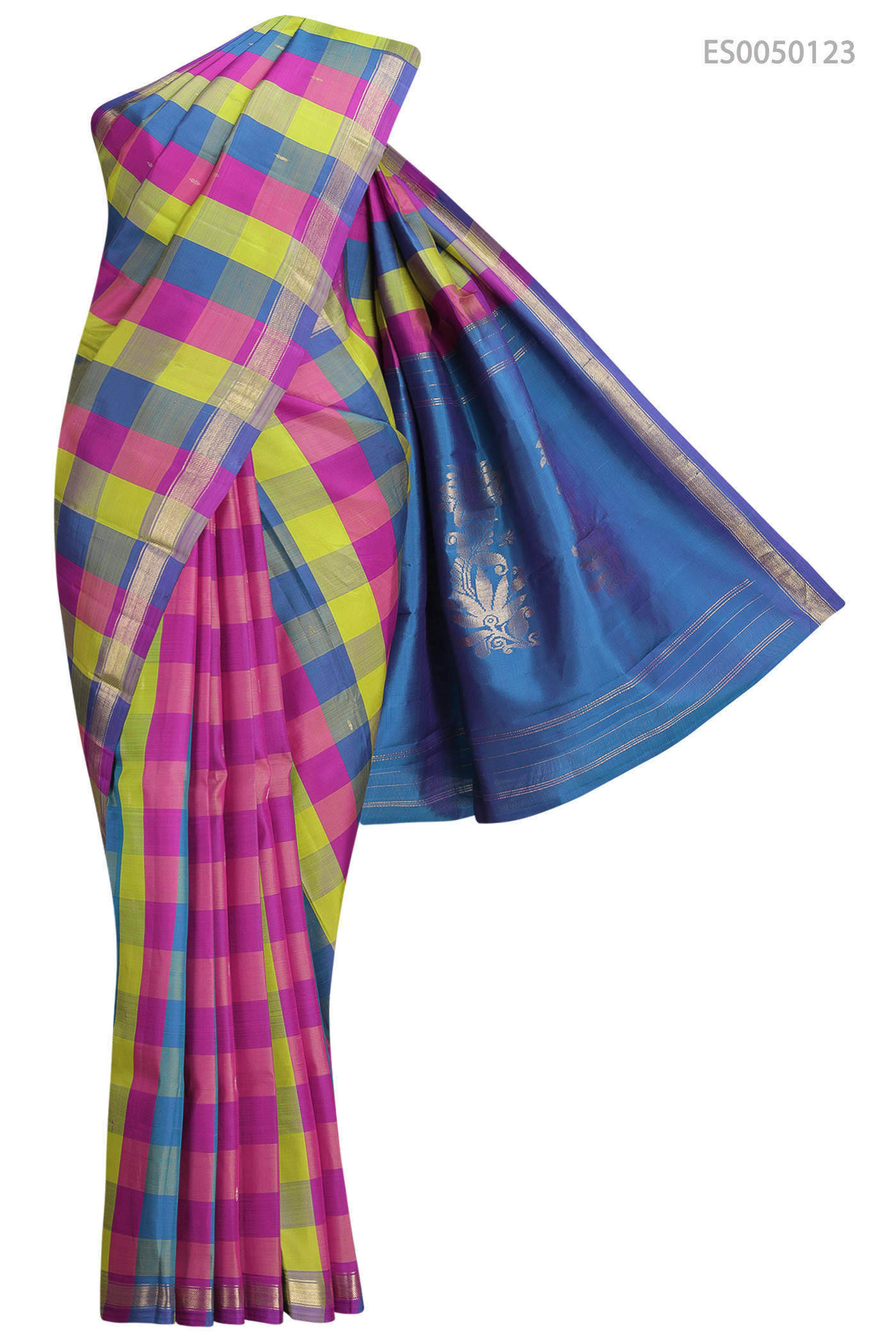 Nalli ES0050123 Checkered Ceremony Kanchipuram Saree (Blue) in