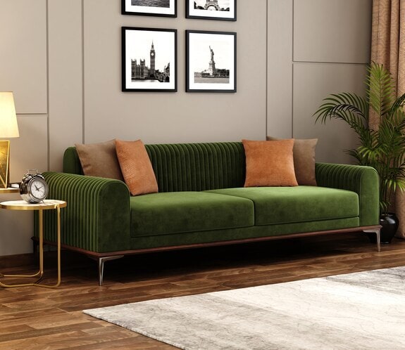Olive Green Velvet 3-Seat Mid-Century Modern Sofa in Anand at