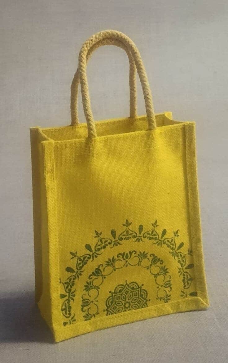 One Side Printed Traditional Jute Yellow Thamboolam Bag in