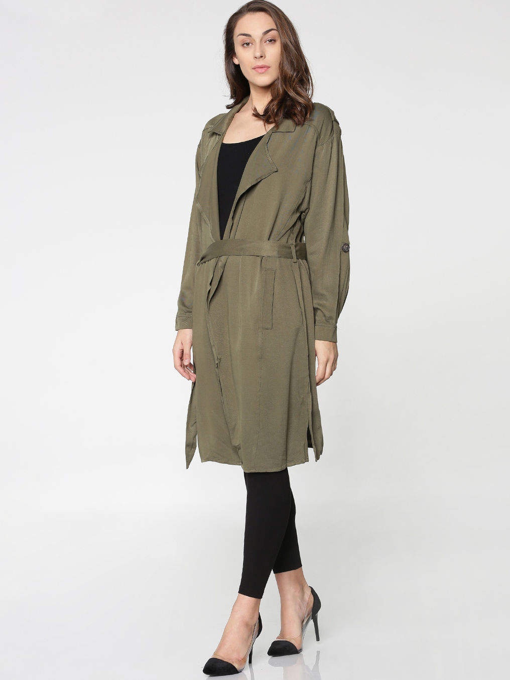 ONLY Green Tie Up Loose Trench Women's Coat (Size: M, 15157369) in