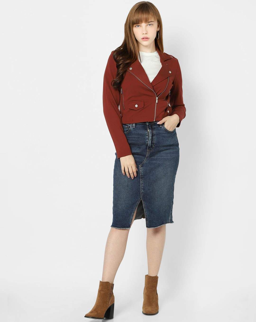 ONLY 211308305-Fired-Brick Xs Deep Red Biker Jacket in Jodhpur at