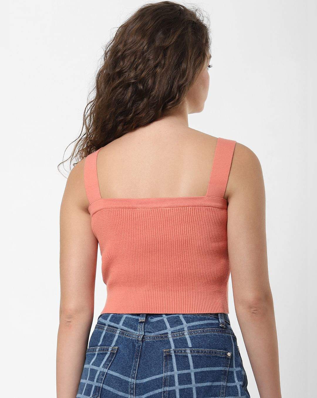 ONLY 211739501-Terra-Cotta L Peach Ribbed Crop Cotton Top in
