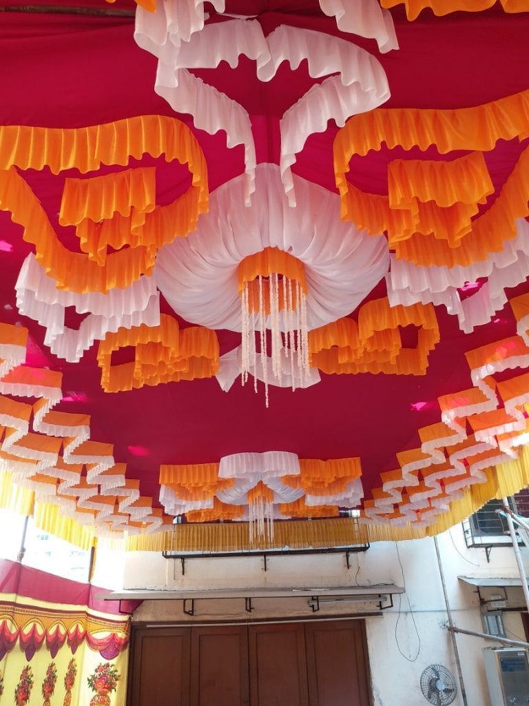 Cotton Polyester Orange And White Fancy Ceiling Wedding Mandap
