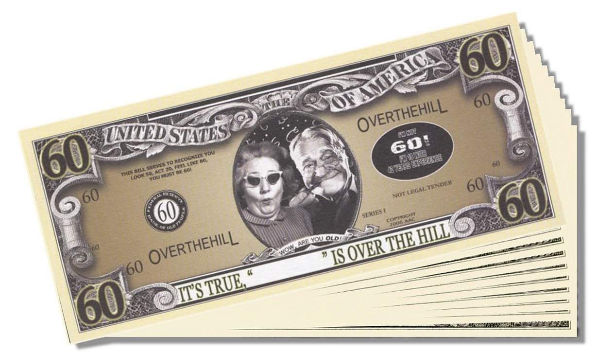 Buy Over The Hill 60 Years Old Million Dollar Bill 10 Count With Bonus Clear Protector Amp Christopher Features Price Reviews Online In India Justdial