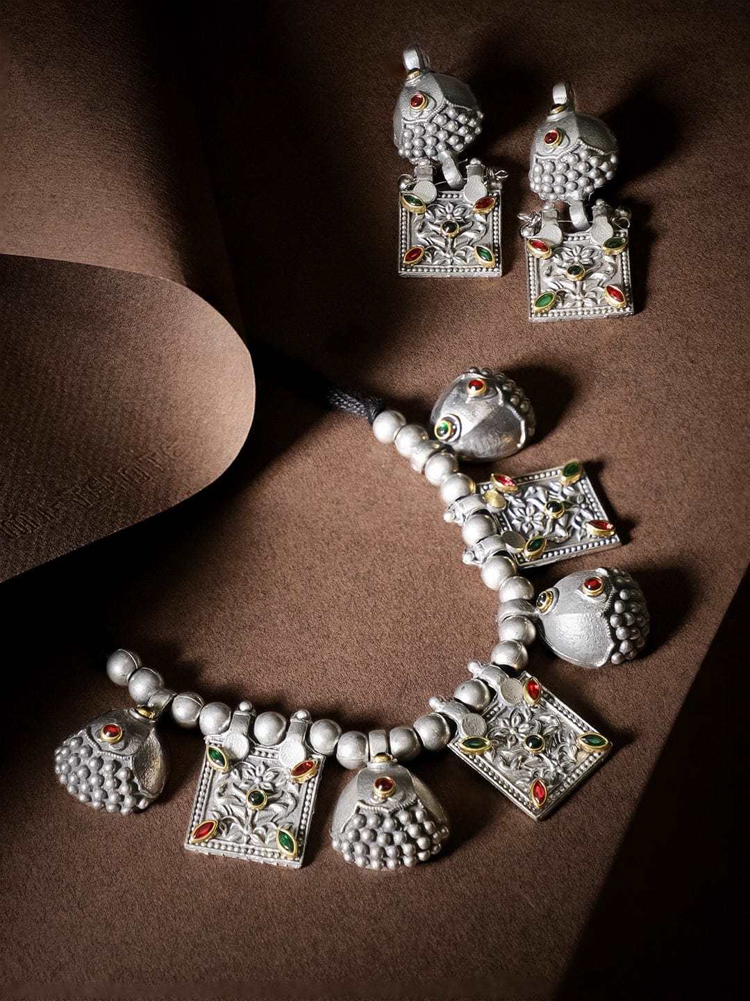 Oxidised Women Silver-Plated Kundan-Studded Jewellery Set in