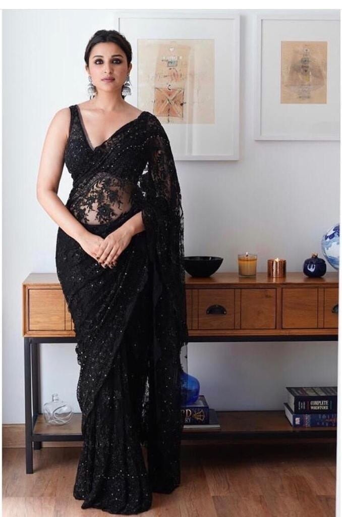 Parineeti Chopra Style Designer Black Net Saree in Junagadh at