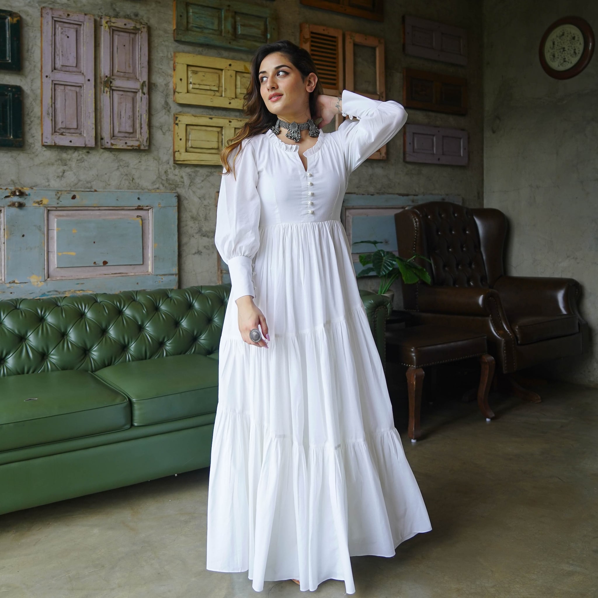 cotton party wear dress for women Libas Blue Printed Cotton Fit and Flare Dress