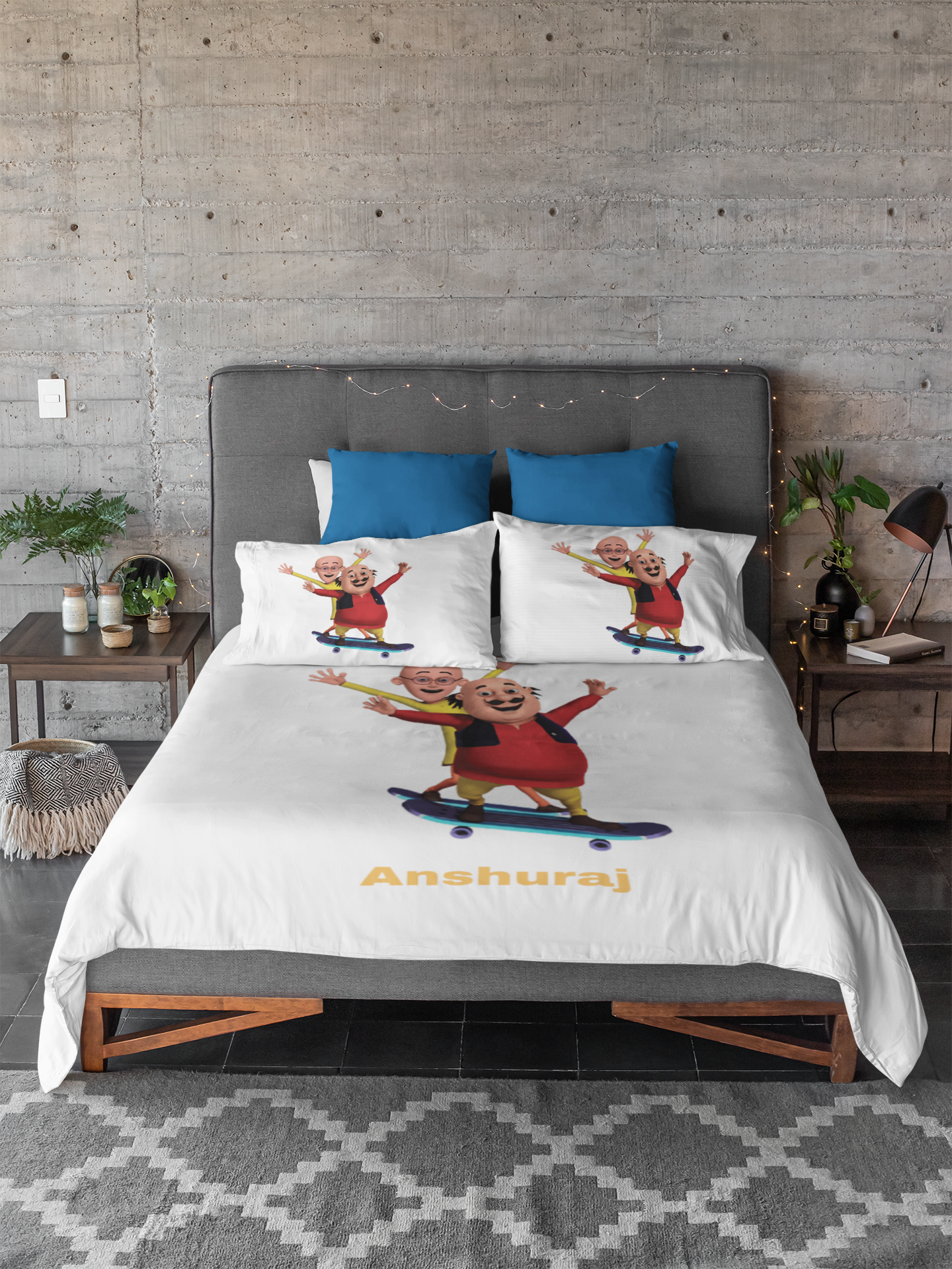 Personalized Kids Bedsheet White Cartoon Motu Patlu character 108