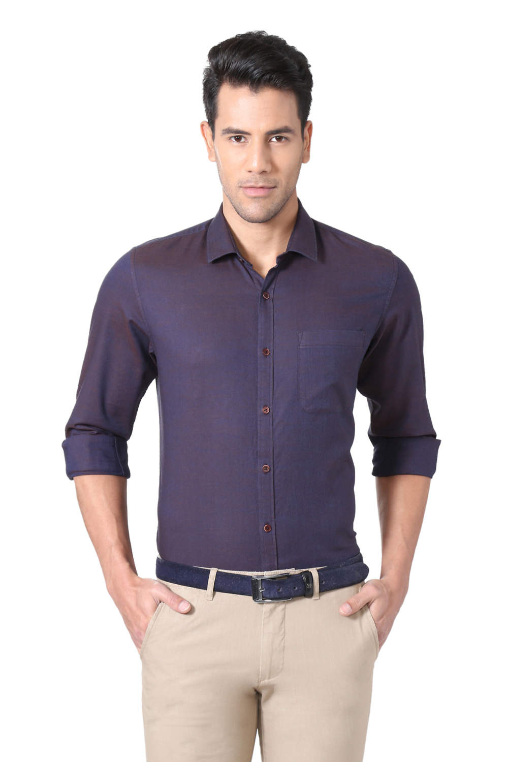 purple shirt beige pants