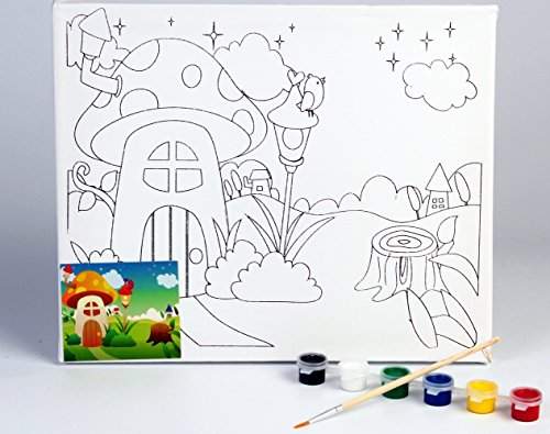 pix Mushroom House Drawing With Colour pigloo brand kids canvas painting coloring set canvas with blank line drawing 1 paint brush 6 water colors mushroom house design
