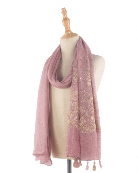 Pink Printed Cotton Scarf With Embroidered And Stone Work in