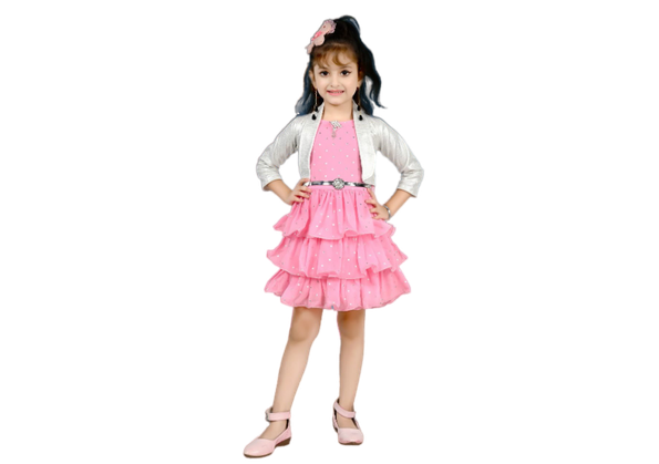 Pink One Piece Jhalar Dress With White Jacket For Kids Girls No