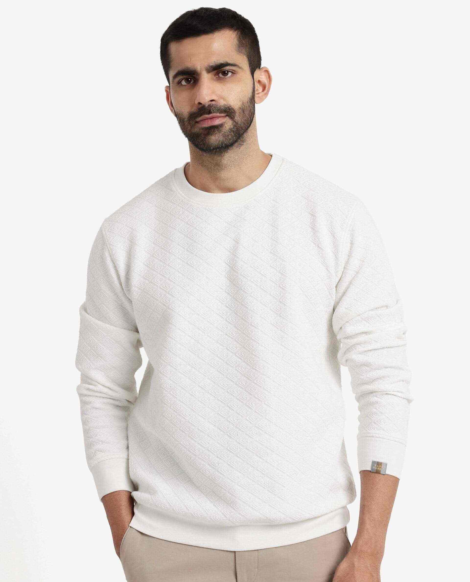 Plain Crew Neck Cotton Blend Sweatshirt For Men White in