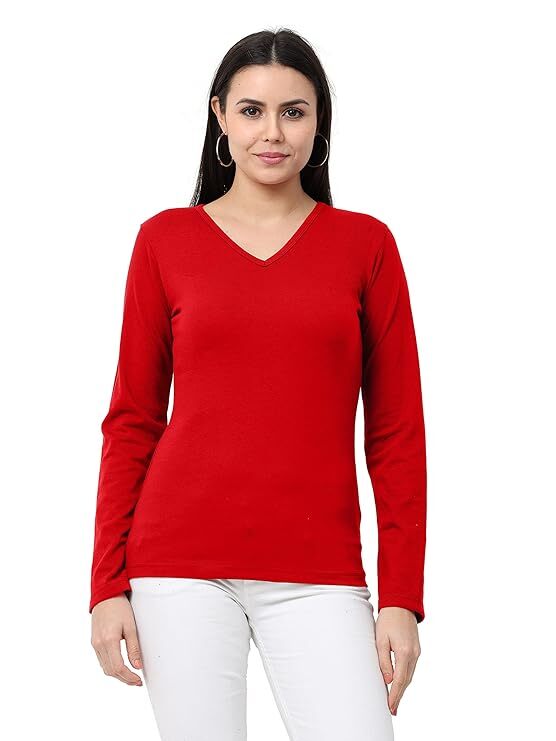 Plain Full Sleeve Cotton T Shirt For Women (Red, M to 2XL) in