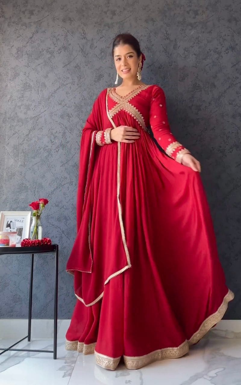 red alia cut dress Elegant Red Party Wear Alia Cut Anarkali Gown with Dupatta & Bottom Se ManMohit Fashion