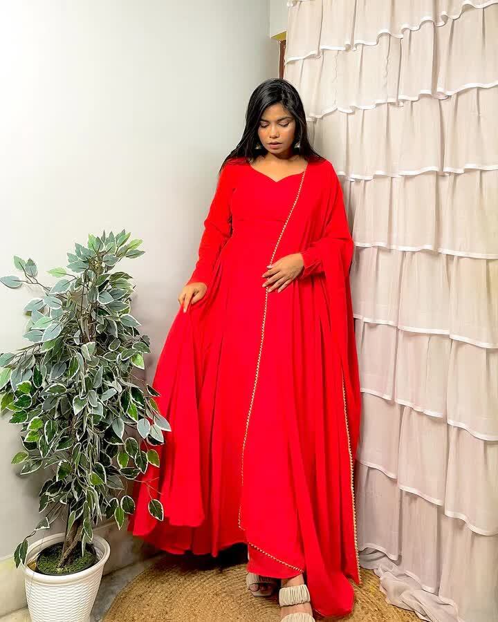 Plain Georgette Full Sleeve Anarkali Suit (Red) in Palghar at