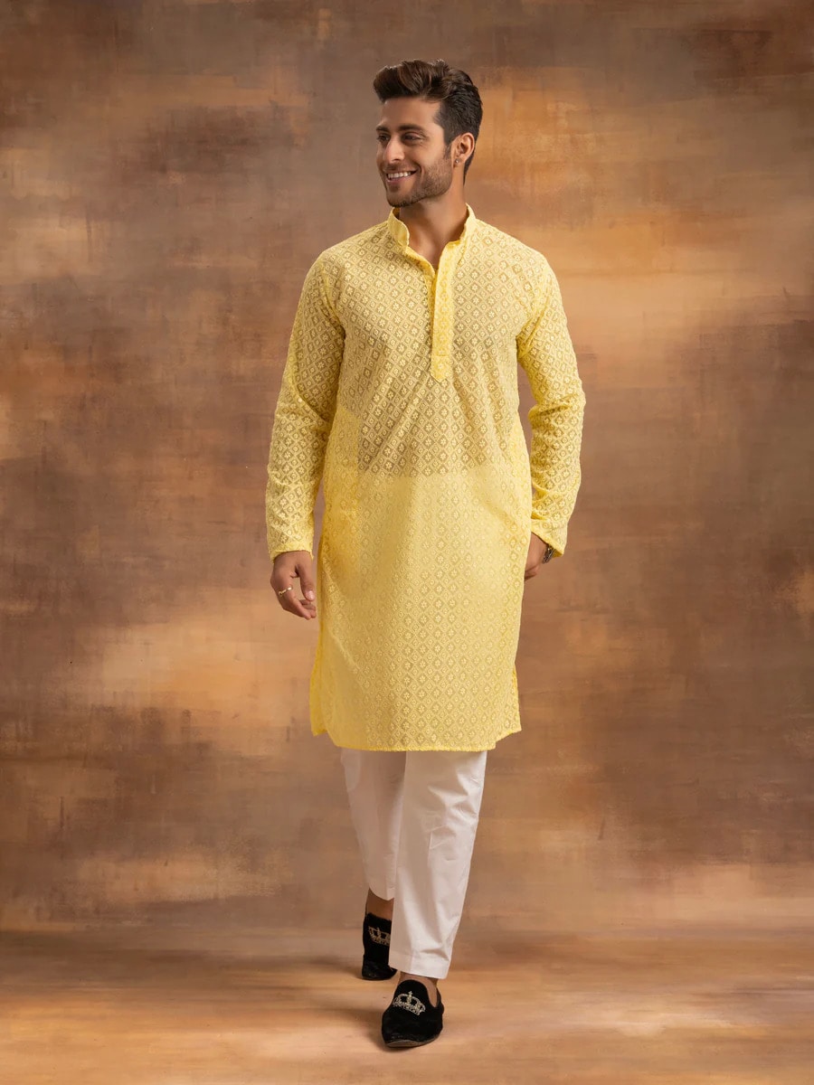 Printed Cotton Mens Kurta Pyjama Yellow, White in Delhi at