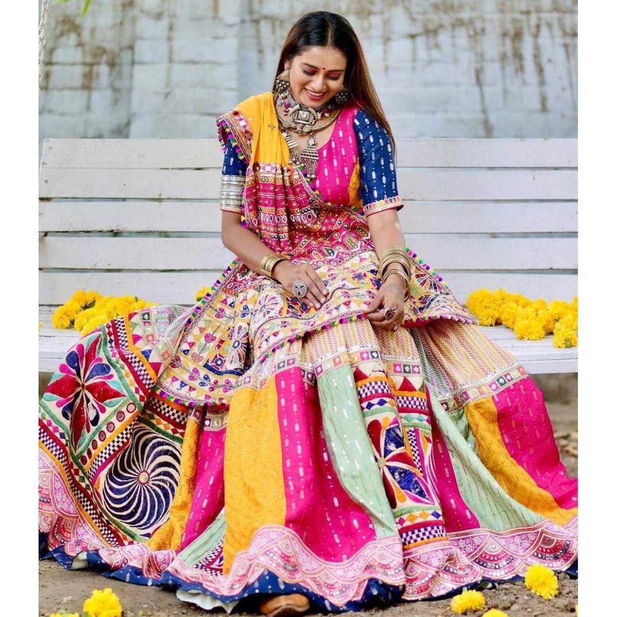 knee length dresses for ladies Cotton Chaniya Choli Mirror WorkNavratri Dandiya Dress for Women with 8 Meter Flair. Fits Size 40 main image 1