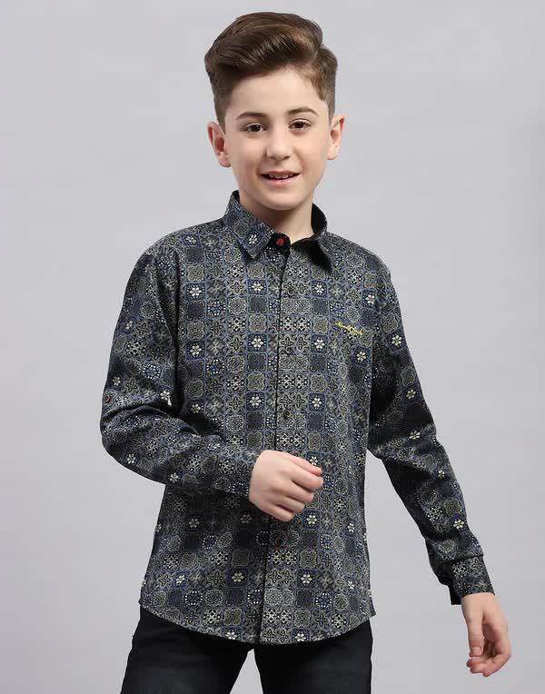 Printed Full Sleeve 7-8 Years Boy's Shirts (Dark Grey And Black