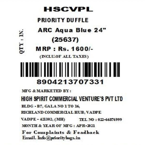 Priority Arc Aqua Blue Polyester Wheel Duffle Bag 61 cm in