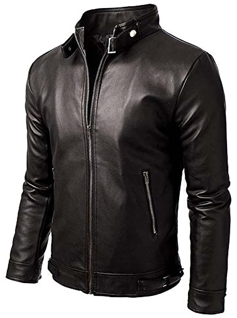 Men's PU Leather Zip Jacket, Casual Daily Wear, Plain, Regular Fit