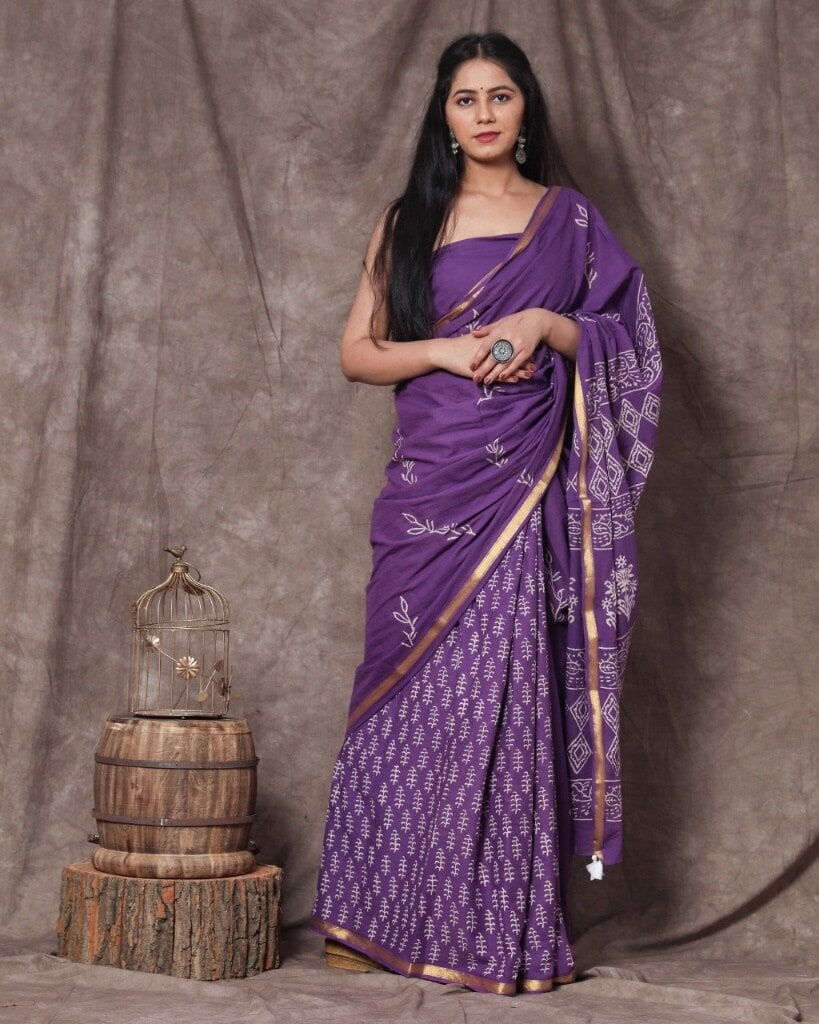 Purple Pure Hand Block Printed Mulmul Cotton Saree with Blouse