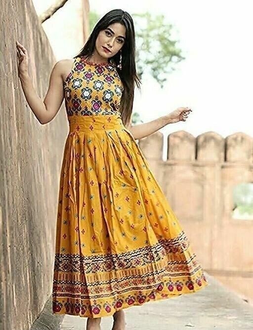 Floor Length Yellow Long Kurtis Patterned Kurti In Mustard Yellow