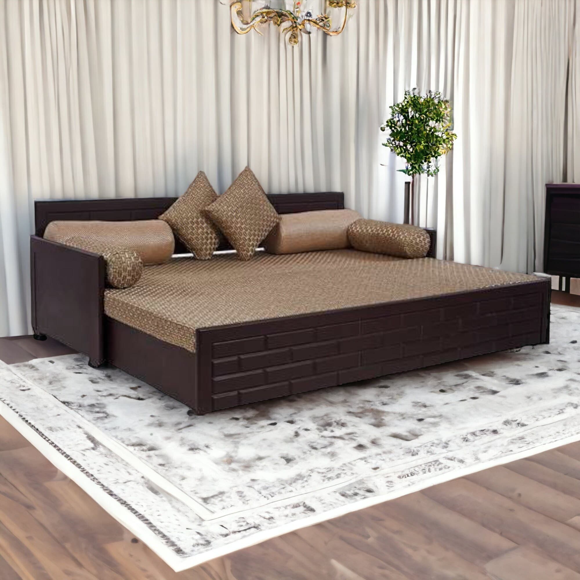 Rectangular Sheesham Wood Polished Sofa Cum Bed Brown in
