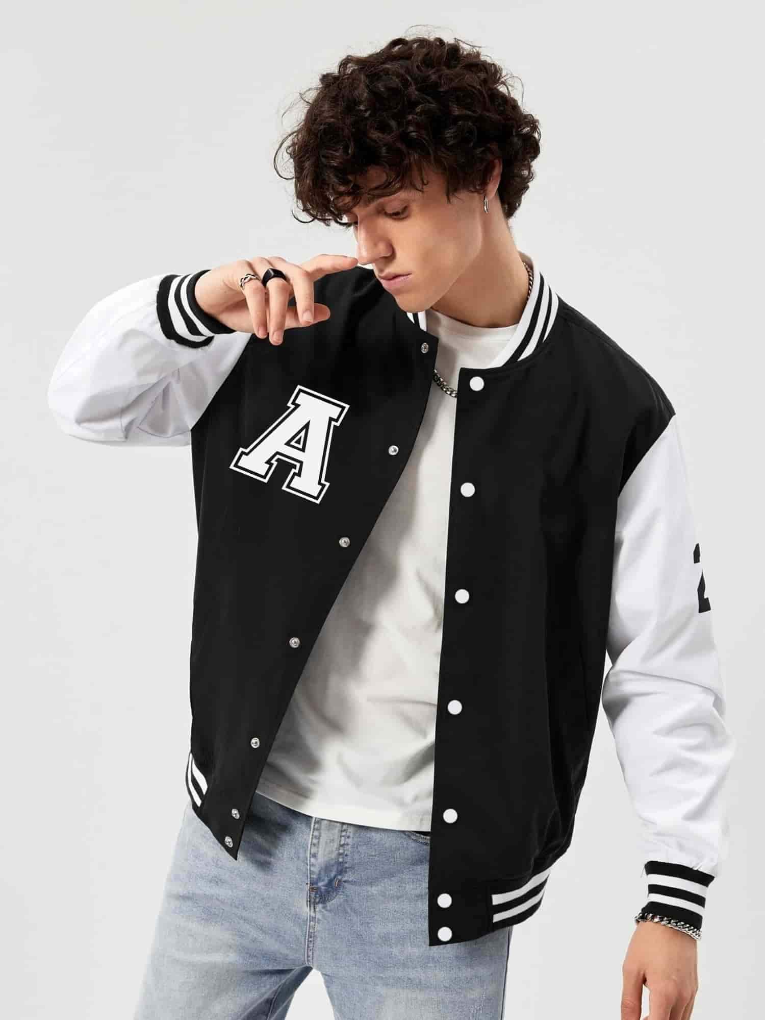 Regular Full Sleeves Varsity Jacket Printed (Black and White) in