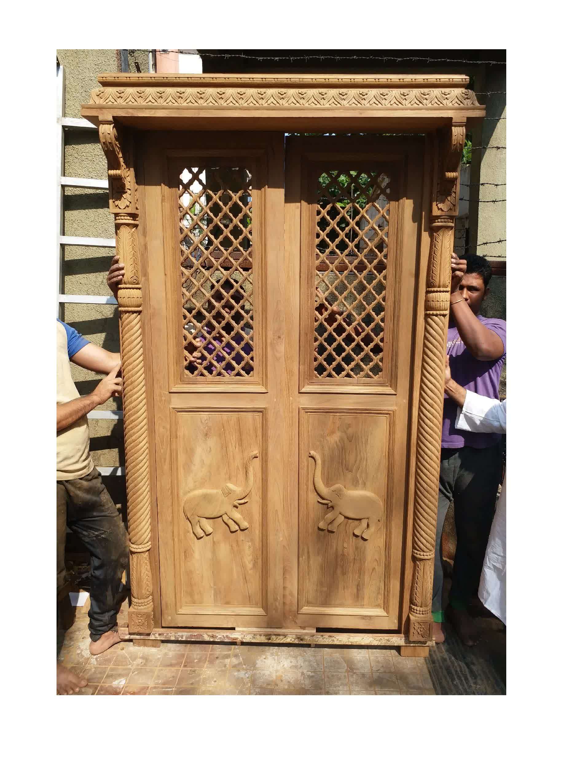 Elephants Designer Wooden Door 6ftX3ft With Frame (Mandir Double