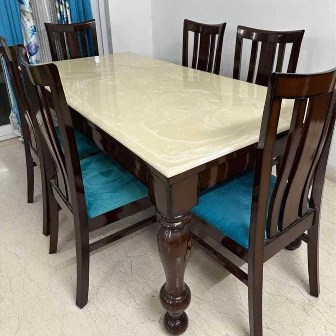 Sagwan Wood Marble Top Dining Table Dimension 6x3x2.5 Feet 6 Seater