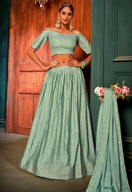 Sea Green Colour Embroidered Chiffon Lehenga, For Women in Delhi