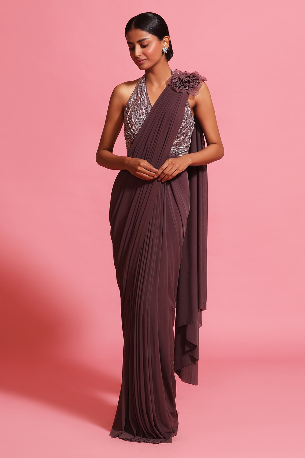 SEASONS Draped Pre Stitched Saree Gown (Brownish Burgundy, 34) in