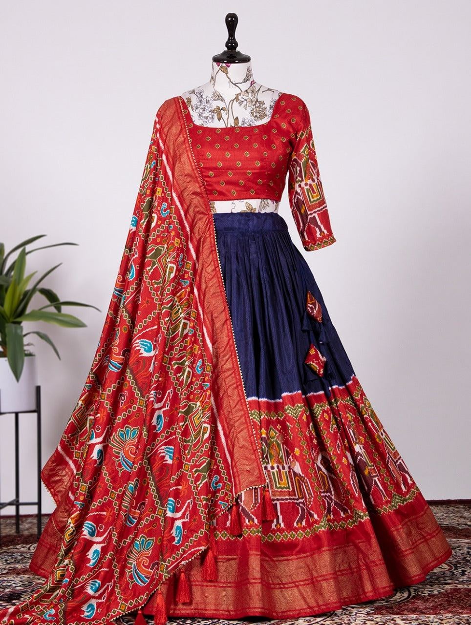 Silken Thread Patola Print lehenga in Gola silk Red with green