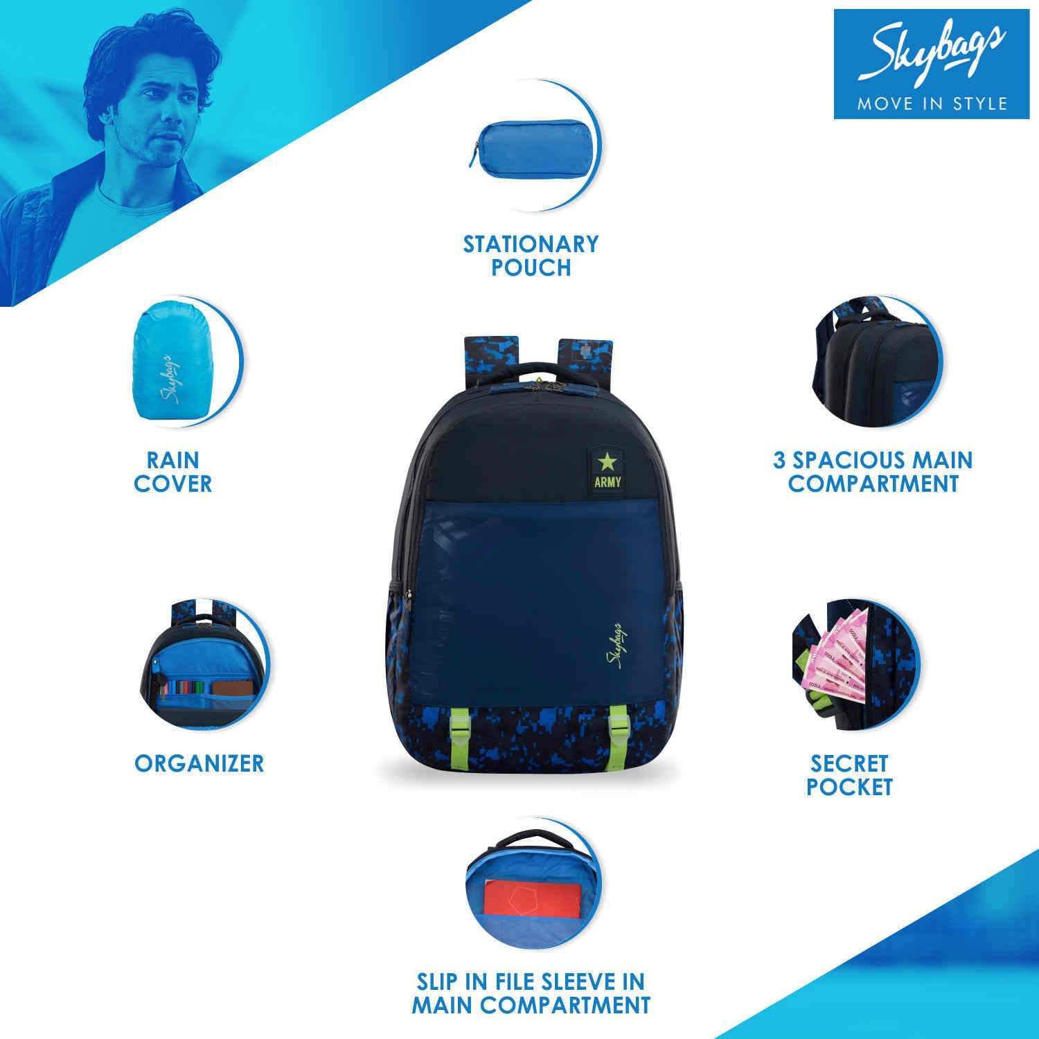Skybags Astro Extra Army Blue School Backpack 36L in Delhi at - Main Image